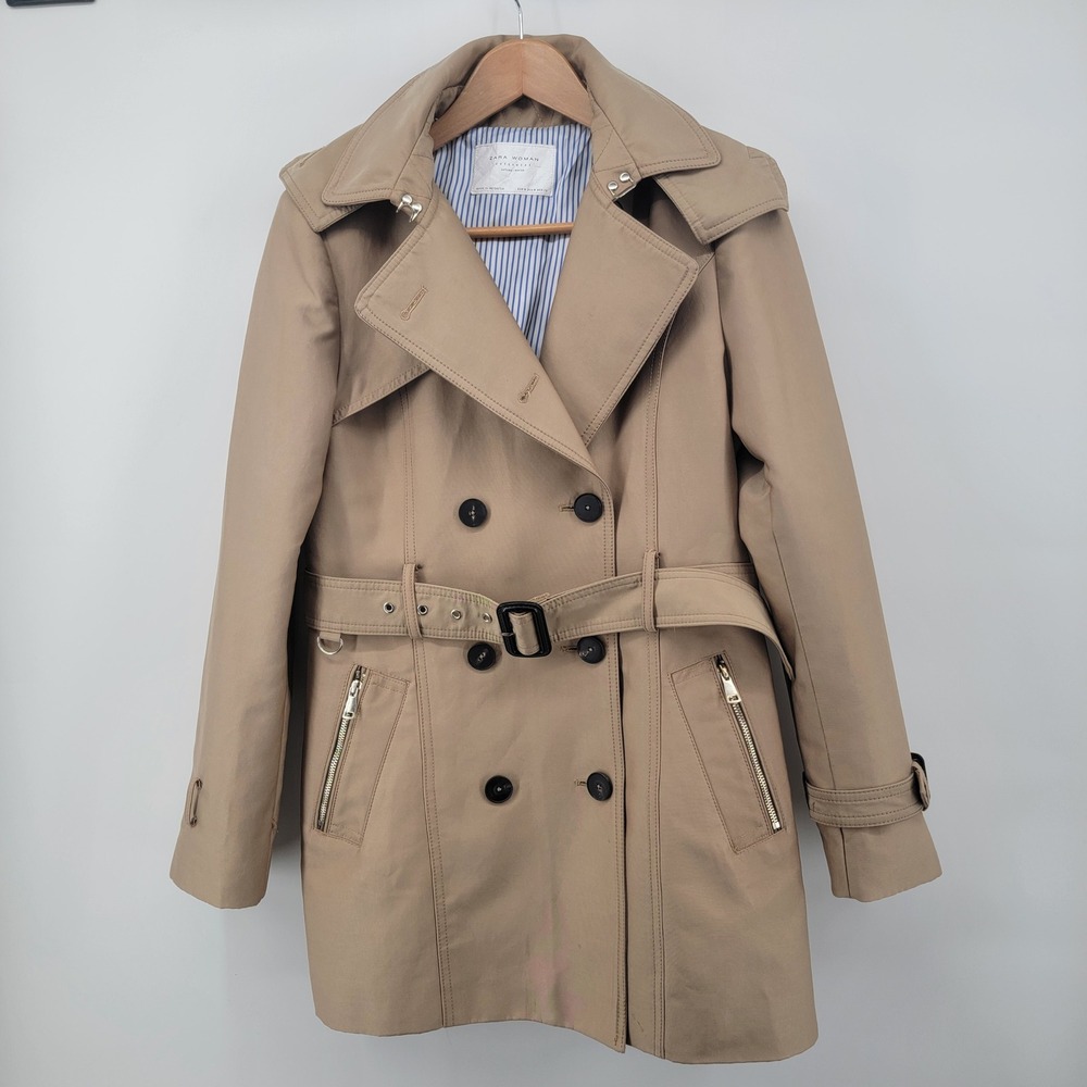 Zara Mid-Length Trench Coat Womens Medium Tan Hooded Belted Double Breasted